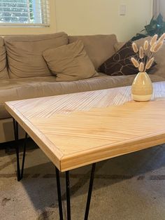 a living room with a couch, coffee table and pillows on the carpeted floor