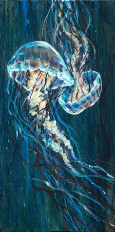 a painting of a jellyfish in blue water