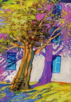 an oil painting of a tree in front of a purple building with blue shutters