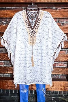 Boho-Vintage Inspired Timeless Tunic Dress Cover up Product Details. ONE SIZE ( Size Fits up to 24 ) 30% Cotton 70% Polyester Length 30/32" Loose Fitting Measurements Approx: Length: 31/32" Bust: 48/50" Lace Poncho, Denim And Lace, Boho Vintage, Dress Cover, Chic Boutique, Vintage Boho, Tunic Dress, White Lace, Vintage Inspired