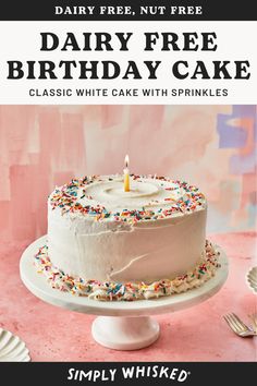 a white cake with sprinkles on it and the title dairy free birthday cake