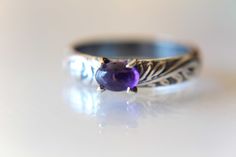 "Unique boho style natural 6 x 4 mm Amethyst prong style ring. Designed with stacking in mind. Beautiful polished antique style floral band really makes the gem stand out! You may choose your finish from the drop down menu. Ring and stone dimensions are below. Materials: .925 sterling silver 6 x 4 genuine untreated amethyst Band measures 4mm wide. ★ IMPORTANT SHIPPING & PRODUCTION DETAILS!! ★ RINGS: All rings are made to order at the selected size requested during checkout. I do not use a fo Bohemian Amethyst Wedding Jewelry, Spiritual Purple Amethyst Wedding Ring, Purple Oval Bohemian Rings, Handmade Purple Amethyst Wedding Ring, Bohemian Oval Amethyst Ring For Anniversary, Handmade Purple Rings For Wedding, Bohemian Wedding Rings With Gemstone Accents, Bohemian Amethyst Gemstone Ring For Anniversary, Bohemian Amethyst Ring With Gemstone Accents