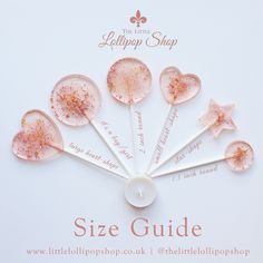 the lollipop shop size guide is shown with pink candies in it and stars on them