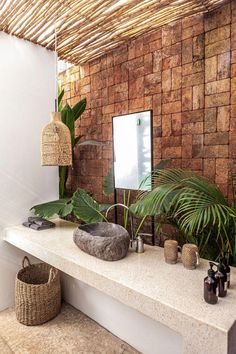 a bathroom with a stone sink, mirror and plants on the counter in front of it