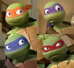 the teenage mutant turtles are posed in front of each other with their mouths open and eyes closed