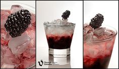 three pictures show the process of making a blackberry iced tea drink with ice and blackberries