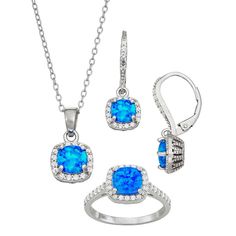 This stylish set comes complete with a ring, pendant and earrings, each adorned with beautiful lab-created blue opal gemstones. Wear them individually or together for a look you're sure to love. This stylish set comes complete with a ring, pendant and earrings, each adorned with beautiful lab-created blue opal gemstones. Wear them individually or together for a look you're sure to love. Pendant length: 13 mm Chain length: 18 in. Chain type: cable Earring length: 30 mm Earring closures: leverback Sapphire Birthstone Jewelry For Her, Sapphire Birthstone Jewelry As Gift For Her, Sapphire Pendant With Halo Setting, Blue Pendant Jewelry For Anniversary, Sapphire Cubic Zirconia Jewelry For Jewelry Making, Sapphire Jewelry With Prong Setting As Gift, Blue Cubic Zirconia Jewelry With Matching Earrings, Fine Jewelry Blue Gemstone, Blue Gemstone Jewelry Set For Gift