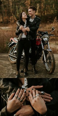 two people sitting on a motorcycle with their hands touching each other's foreheads