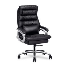 an office chair with chrome legs and black leather upholstered seat, viewed from the front