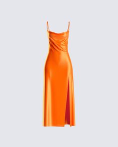 A gorgeous little pop of color is an essential for any closet 🧡 Radiate light into everyone's life with this orange-satin mini dress made from a flowy-satin fabric and complete with a cowl neck and front side slit ☀️ Orange Satin Dress, Famous Clothes, White Corset Dress, Lil Black Dress, Future Of Fashion, Red Mini Skirt, Orange Satin, Glamorous Dresses, Red Dress Maxi