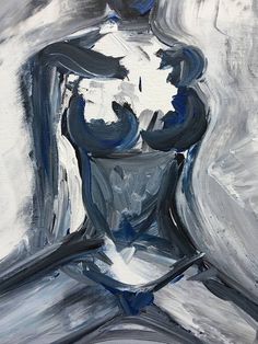 an abstract painting of a woman's torso in grey and blue colors with white background