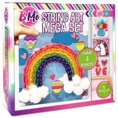 the kit is ready to be used for arts and crafts, like this rainbow string art set