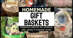 the words homemade gift baskets are overlaided with images of stuffed animals and other items