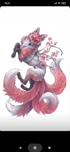 an image of a fox with flowers on it's back and the tail is curled up