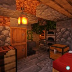 A small House built into a Cave Entrance in the Game Minecraft. It is mainly made out of Oak Wood. A small passage leads into the house. The interior follows the natural cave shape. Behind the living area there is an access into the nearby cave system. In front of the house there are some fields and some flowers. Small Minecraft Interior Design, Small Cave House Minecraft, Minecraft Cave Home Interior, Cave Bedroom Minecraft, Minecraft Cave Base Ideas Interior, Small Minecraft Builds Inside, Minecraft Cave Bedroom, Minecraft Cave Decoration, Minecraft Small Interior