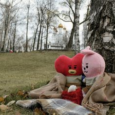 two teddy bears sitting next to each other on the ground near a tree and blanket