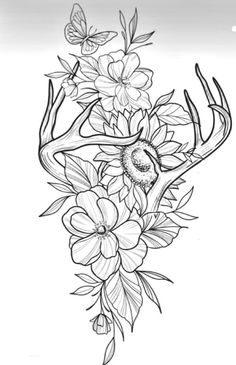 a deer's antler with flowers and butterflies on it is drawn in black ink