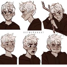 various poses of a boy with different facial expressions and haircuts, holding a knife in his hand