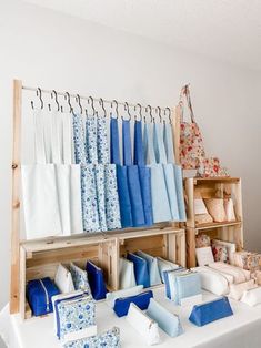 the table is covered with blue and white items