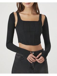 A knit set featuring a tank top with a ribbed construction, square-cut neckline and back, shoulder straps, and curved cropped hem, as well as a matching shrug with long sleeves and thumbholes.Cropped Tank Top & Shrug Set Black Casual  Long Sleeve  Plain    Women Clothing, size features are:Bust: ,Length: ,Sleeve Length: Women Blouses, Square Cut, Knit Set, Black Casual, Cropped Tank Top, Crop Tank, Shoulder Straps, Women Clothing, Womens Tees