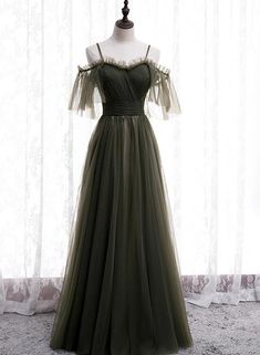 Lovely Simple Off Shoulder Straps Long Tulle Party Dresses. Simple Formal Dress Prom Dress Earth Tone Dress Prom, Earthy Prom Dress, Simple Formal Dress, Tulle Party Dress, Green Tulle, Evening Dress Floor Length, A Line Prom Dresses, Pleated Bodice, Tulle Prom Dress