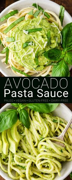 avocado pasta with basil sauce in two bowls