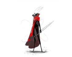 a drawing of a man with two swords in his hand and wearing a red cloak