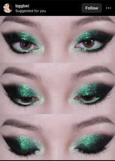 Sparkly Green Eyeshadow Looks, Dark Green Sparkly Makeup, Dark Green Shimmer Eyeshadow, Black And Green Eyeshadow Looks, Jewel Tone Makeup Looks, Green Eyeliner Makeup Looks, Moth Eye Makeup, Green Sparkly Makeup, Green Alt Makeup