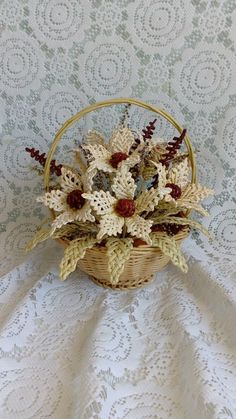 a basket filled with flowers sitting on top of a white table covered in lacy doily