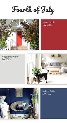 the color scheme for this house is red, white and blue with an image of a dog