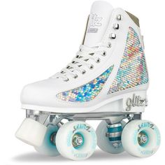 white roller skates with multicolored sequins on the bottom and blue wheels