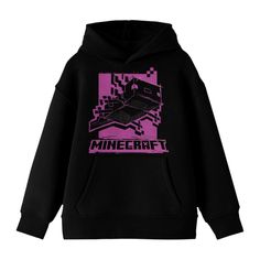 Ignite the adventurous spirit of young Minecraft fans with this youth black long sleeve hooded sweatshirt. This sweatshirt features a monochrome image of an axolotl on a vibrant purple background, complemented by black letters spelling out the game's logo. Immerse them in the world of Minecraft with this cozy and stylish hoodie. Made from sustainably and fairly grown USA cotton and polyester, it offers a soft and eco-friendly feel. The double-lined hood provides extra warmth and comfort during e Minecraft Hoodie, Minecraft Merch, Black Hooded Sweatshirt, Cool Hoodies, Boys Hoodies, Boys T Shirts, Kids Tops