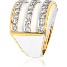 Engage with the symphony of style and sophistication in the stunning Platinum & 18K Yellow Gold White Enamel Diamond Cocktail Ring. This masterpiece combines the timeless allure of platinum with the warmth of 18K yellow gold, creating a breathtaking canvas for the dazzling display of diamonds. The ring features three meticulously crafted rows, each lined with round-cut diamonds totaling 3.00 carats. These gemstones are set against a striking white enamel backdrop, which accentuates their radiant White Luxury Enamel Ring For Formal Events, Elegant White Enamel Ring For Anniversary, Modern Enamel Rings For Formal Occasions, Elegant Formal Enamel Ring With Polished Finish, Elegant Enamel Ring With Polished Finish For Formal Occasions, White Luxury Enamel Wedding Ring, White Gold Luxury Enamel Ring For Formal Occasions, Luxury White Gold Enamel Ring For Formal Occasions, Formal White Diamond Enamel Ring