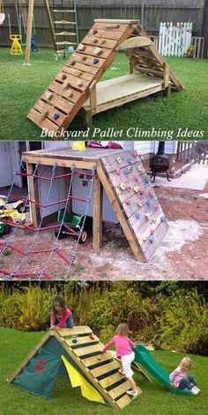 kids playing in their backyard with wooden play structures and slides that are made out of pallets