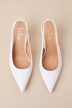 Make your posh presence known the moment you strut in wearing the Lulus Cambrea White Pointed-Toe Slingback Pumps! Smooth faux leather shapes these exquisite heels that feature a pointed-toe upper that carries into a slender slingback strap (with a bit of elastic at the instep for fit). A stiletto-style heel lends an eye-catching finish to this classic silhouette. 3" stiletto heel. Lightly cushioned insole. Rubber sole has nonskid markings. Man made materials. Imported. Lulus | Cambrea White Poi Wedding Slingback Kitten Heels With Sculpted Heel, Low Heel Slingback Pumps With Sculpted Heel For Wedding, Slingback Pumps With Sculpted Low Heel For Wedding, Feminine Slingback Pumps With 4-inch Heel For Formal Events, Chic Slingback Pumps With Padded Heel For Wedding, Feminine Formal Slingback Pumps With Heel Strap, Feminine Slingback Pumps For Formal Occasion, Fitted Leather Slingback Pumps For Weddings, Chic Pointed Toe Slingback Pumps For Wedding