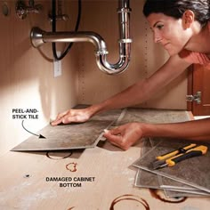 a woman is working on a tile floor under a faucet and some tools