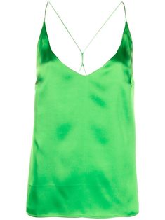 spaghetti-strap satin camisole from Blanca Vita featuring satin finish, spaghetti straps, V-neck, sleeveless and mela green. Satin Camisole, Cami Tops, Satin Finish, Athletic Tank Tops, Spaghetti Strap, Spaghetti, Top Outfits, Satin, V Neck