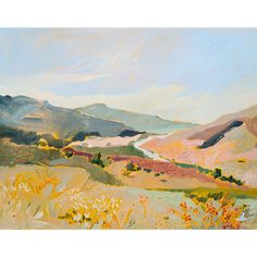 an oil painting of hills and flowers in the foreground with a river running through them