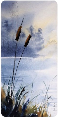 watercolor painting of two reeds in front of the ocean