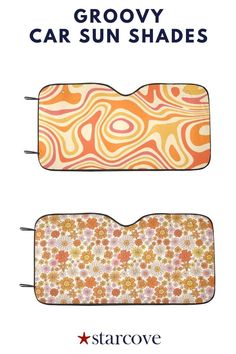 two sun shades are shown with the same pattern on each side and one has an orange flower