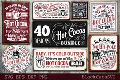 vintage hot cocoa signs are displayed on the wall