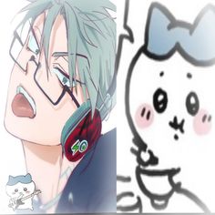 an anime character with green hair and glasses next to a drawing of a cat wearing headphones