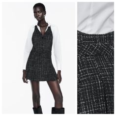 Nwt. Zara Black Contrasting Structured Mini Dress With V-Neck, Lapel Collar And Long Sleeves. Structured Fabric With Poplin. Pleats At Hem. Front Zip And Button Closure. Size L. Ref. 9144/081. Pit To Pit 19" Flat, Shoulders 15", Sleeves 25", Waist 16", Length 34". 1060. Black Chic V-neck Dress For Fall, Chic Black V-neck Dress For Fall, Black V-neck Dress For Workwear In Fall, Black V-neck Dress For Fall Workwear, Black V-neck Dress For Work In Fall, Chic Black V-neck Dress For Work, Zara Mini Dress For Workwear, Structured Mini Dress, Structured Fabric