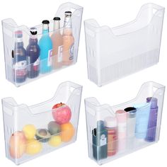 three plastic storage bins filled with different types of drinks and confection items