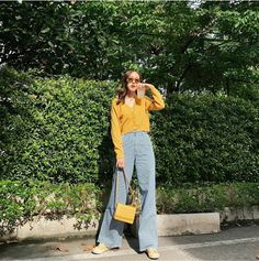 Yellow Outfit Ideas, Outfit Ideas Korean, Korean Casual Outfits, Yellow Outfit, Idea Board, Korean Girl Fashion, Korean Fashion Trends, Trousers Pants