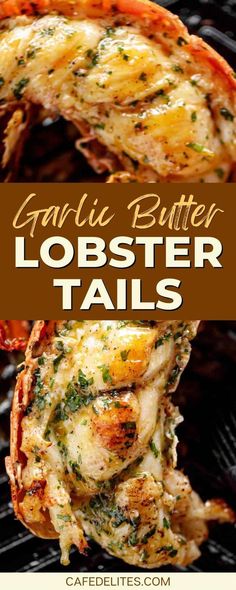 garlic butter lobster tails on a grill with text overlay