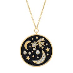 This medallion-style enamel necklace has all the sparkle and shine it needs to become your new fave. Made from gold-plated brass with a delicate 16" - 18" extendable chain, featuring a CZ and black enamel 1" diameter galaxy pendant, it's ready to ride with you to the moon and back! Gold-plated brass 16" - 18" extendable chain 1" diameter pendant with CZ and enamel design Style No. TN-1924 (G) 3 weeks - Made in Thailand Astra Core, Monogram Pendant Necklace, Tai Jewelry, Galaxy Pendant, Galaxies Wallpaper, Star Necklace Silver, Monogram Pendant, Gold Coin Necklace, Stars Moon