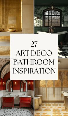 art deco bathroom inspiration with gold accents and red cabinets in different styles, including the bathtub