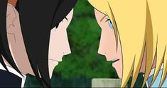 two anime characters looking at each other in front of green grass and trees behind them