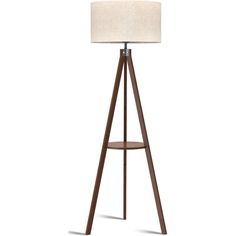 a wooden floor lamp with a white shade on the top and a light brown base